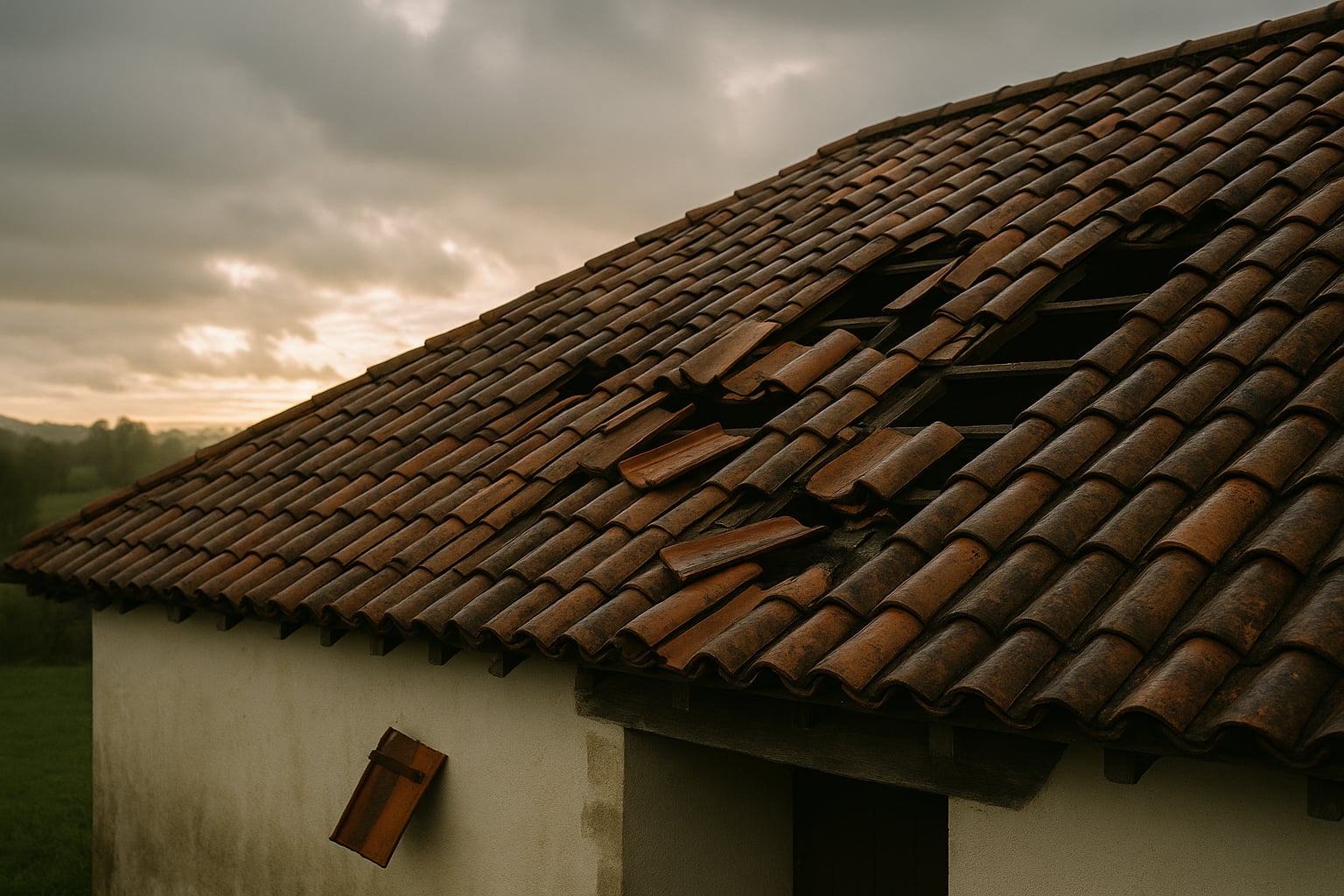 Toit en tuile avec dégâts de tempête dans le Béarn